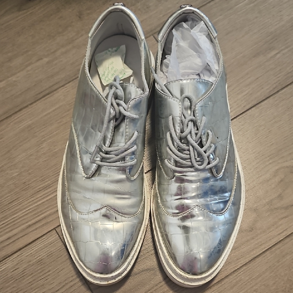 Metallic Silver Women's Wingtip Oxfords - Lace-Up Derby